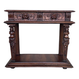 19th Century Console Carved Table Renaissance with Beige Marble Top For Sale