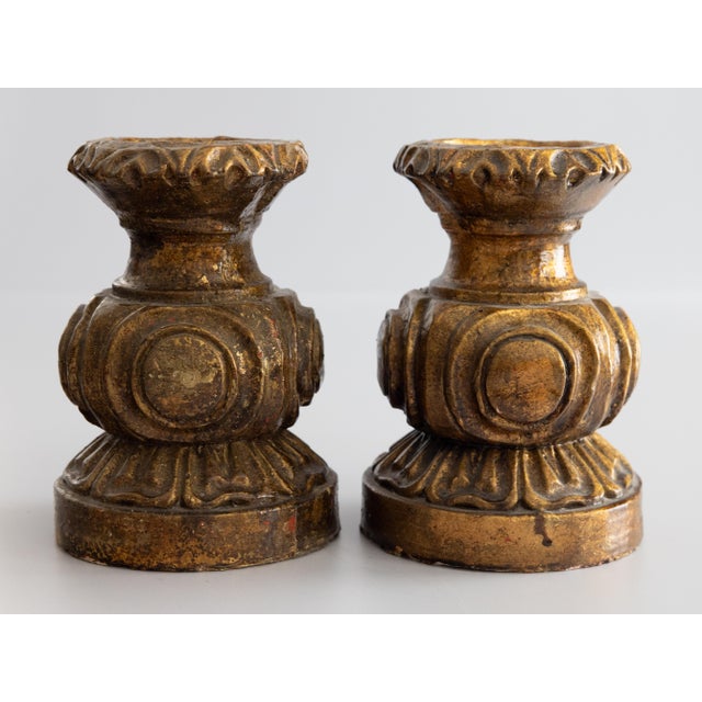 Rustic European Vintage Italian Gilt Pillar Candle Holders Candlesticks - A Pair For Sale - Image 3 of 7