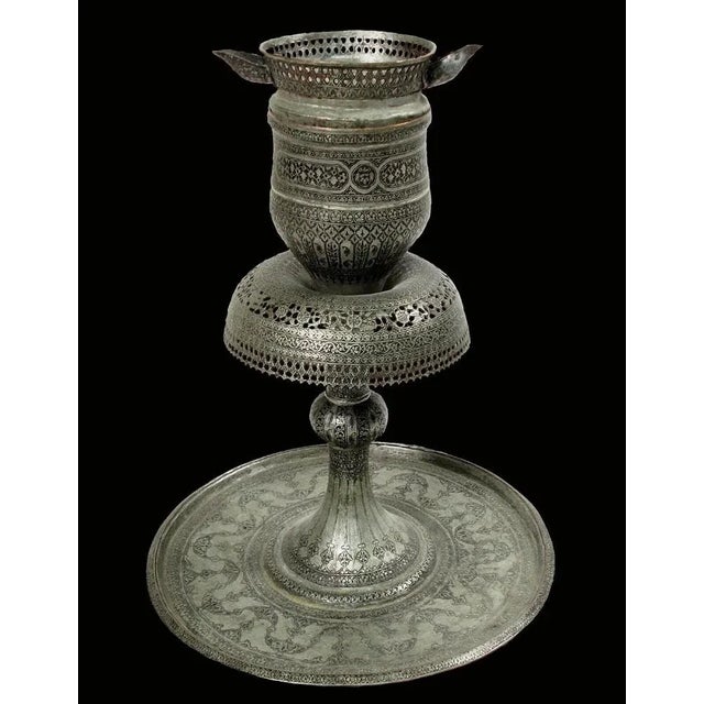 Antique Central Asian Copper Tinned Islamic Engraved Oil Lamp, 1890s For Sale - Image 12 of 13