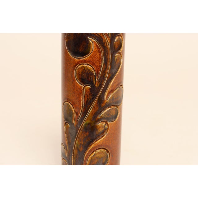 Vintage Studio Pottery Sunburst and Botanical Motif Matte Amber Glazed Vase For Sale - Image 10 of 18