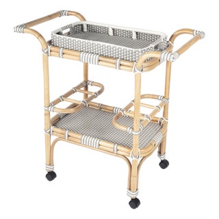 Selena 34.5 in. W Rectangular Rattan 2 Tier Mobile Removeable Top Bar Cart with Bottle Holders, Grey For Sale