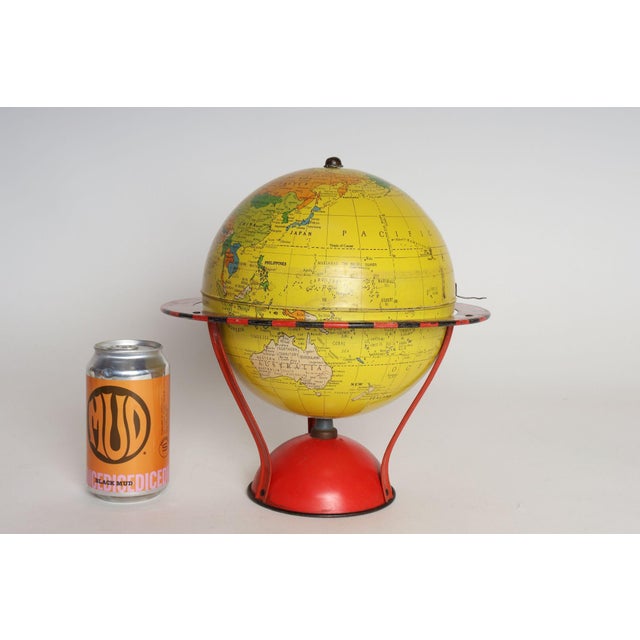 Mid-Century Modern Vintage Replogle Yellow and Red Tin Litho "Globe Grams' Spinning World Globe For Sale - Image 3 of 18