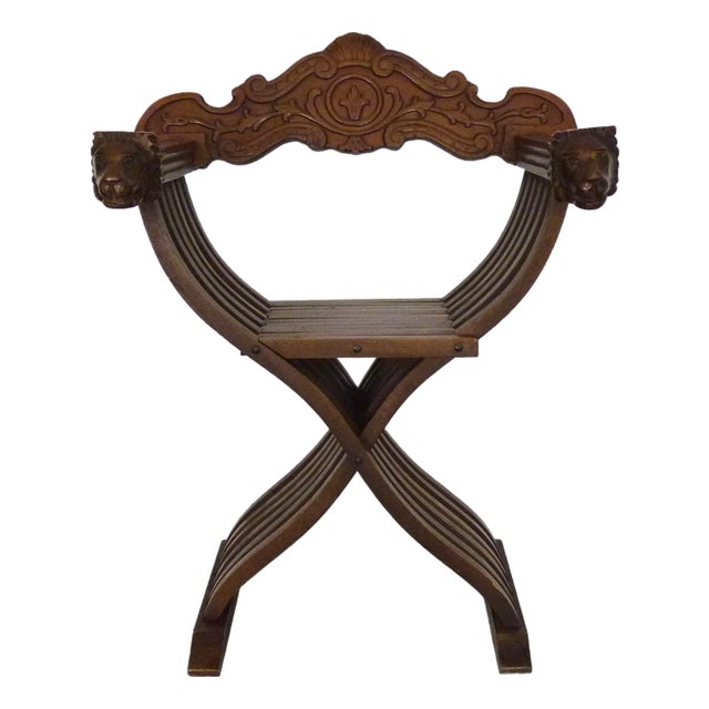 Vintage Savonarola Chair with Lion's Head in Wood, Italy, 1950s For Sale