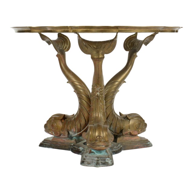 1980s Hollywood Regency Triple Dolphin Bronze Center Table With Scalloped Glass For Sale
