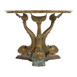 1980s Hollywood Regency Triple Dolphin Bronze Center Table With Scalloped Glass
