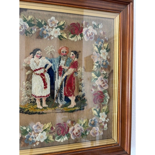 Antique Victorian Needlepoint “Jacob’s Coat” Scene in Mahogany & Gilt Frame For Sale - Image 6 of 9
