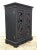 Vintage tabletop storage cabinet made of black painted wood with red distressed highlights. It features two carved cutout...