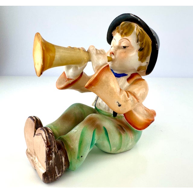 Japanese 1950s Japanese Ceramic Boy Musician & Little Red Riding Hood Girl Figurines, a Pair For Sale - Image 3 of 14