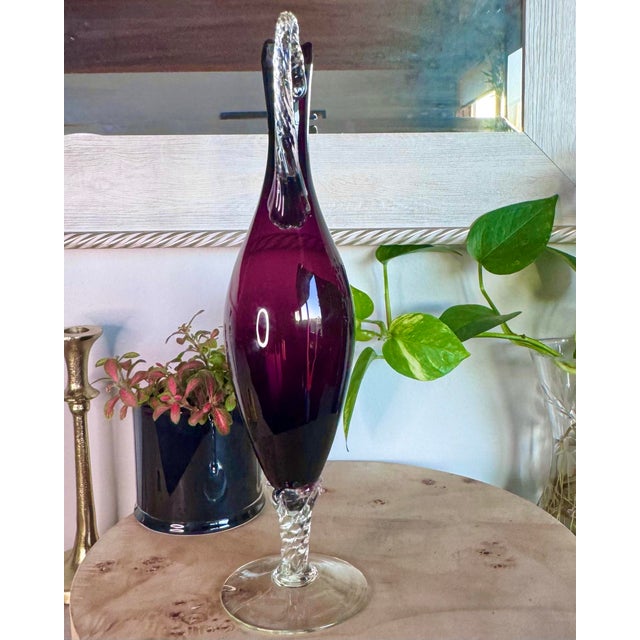 Italian Vintage Hand Blown Italian Empoli Amethyst Art Glass Pitcher With Twisted Handle For Sale - Image 3 of 8