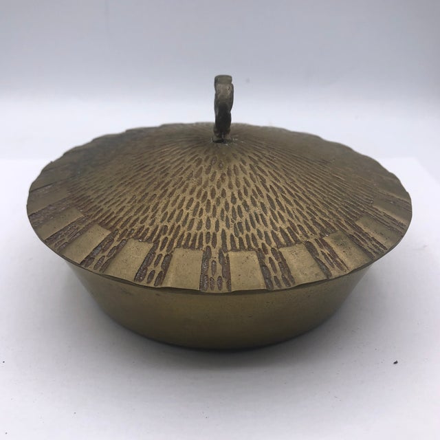 Solid brass bowl with brutalist designed cover has a 1970s look. Partial Korea stamp on bottom