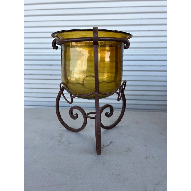 Amber Vintage Cast Iron & Amber Glass Large Candle Holder or Planter For Sale - Image 8 of 10