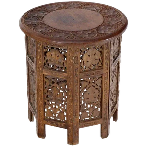 20th Century Folk Art Pierced Carving Teak Round Folding Side Table