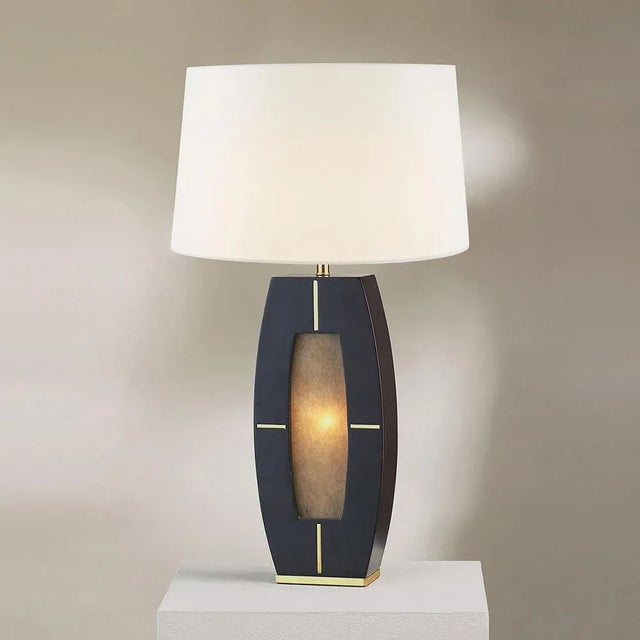 Mid-Century Modern Delacey Table Lamp With Nightlight - Ebony Wood Finish, Weathered Brass, White Linen Shade For Sale - Image 3 of 11