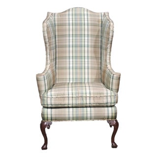 Late 20th Century Southwood Mahogany Queen Anne Style Wing Chair Plaid Fabric Trifold Feet For Sale