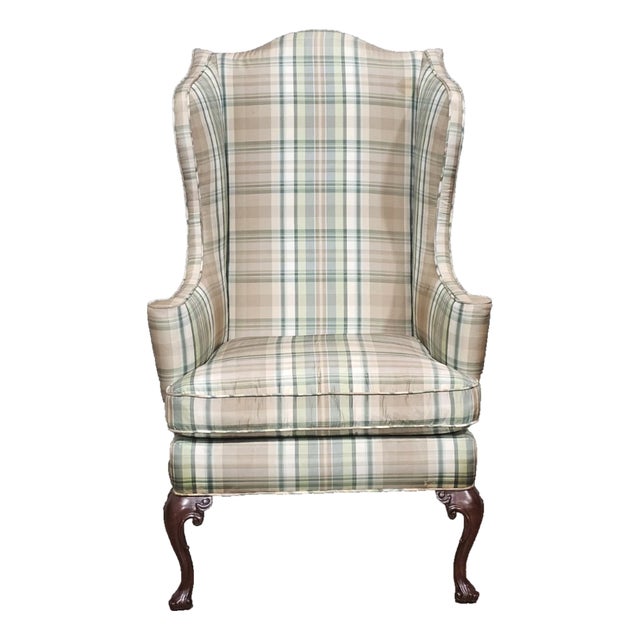 Late 20th Century Southwood Mahogany Queen Anne Style Wing Chair Plaid Fabric Trifold Feet For Sale