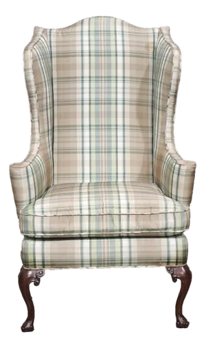 Late 20th Century Southwood Mahogany Queen Anne Style Wing Chair Plaid Fabric Trifold Feet