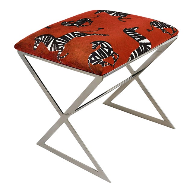 Matthew Izzo Home - X Side Stool in Polished Nickel and Red Zebra Fabric For Sale