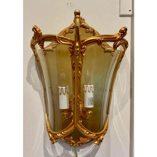 Original Retail $4514, elegant Italian Brass Finished Bronze Pocket Lantern Wall Sconces, showroom floor sample