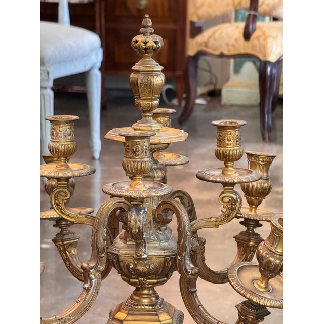Gold Pair of Gilt Bronze Five-Light Candelabra For Sale - Image 8 of 12