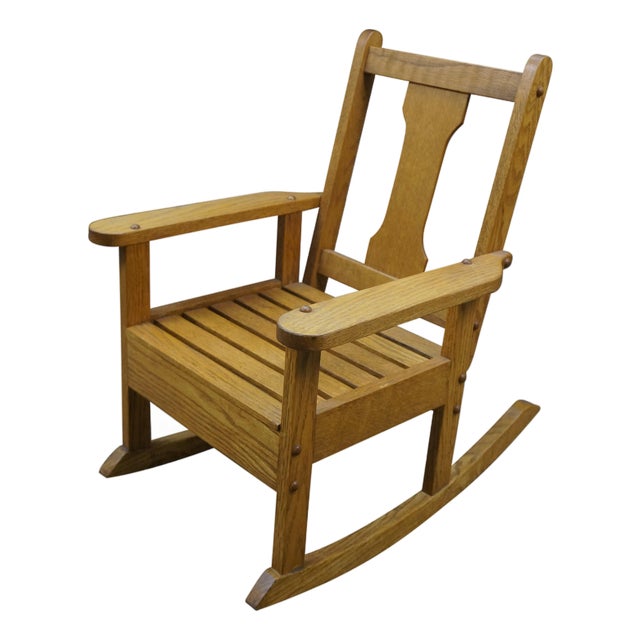 Vintage Mission Oak Child Doll Dollhouse Size Rocking Chair Rocker 23" For Sale