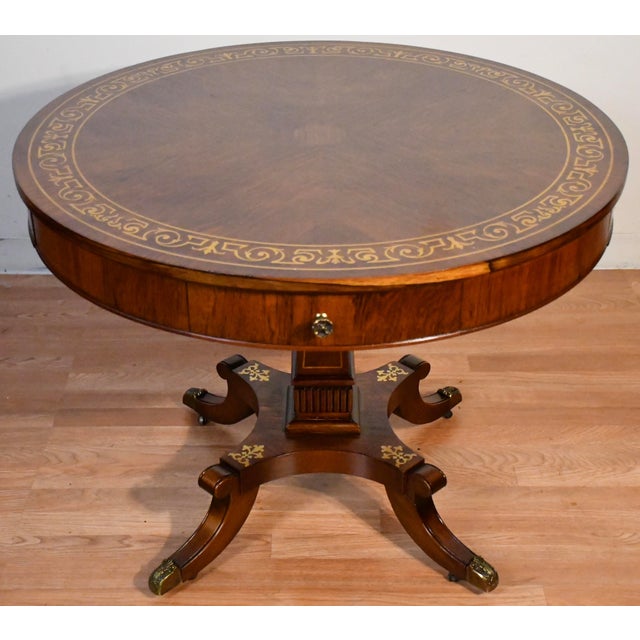 Traditional 19th English Regency Rosewood Center Accent Table Brass Inlaid Top 2 Drawers For Sale - Image 3 of 16