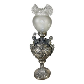 Antique Pewter Angel Lamp with Pleated Glass For Sale