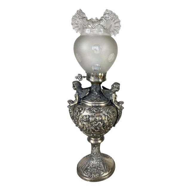Antique Pewter Angel Lamp with Pleated Glass For Sale