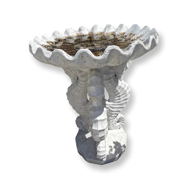 Vintage Italian Stone birdbath with design of 3 see horses like a base Measurement Top plate Diameter 27 Base Fontaine...