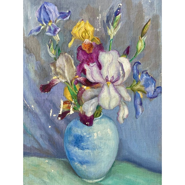 Colorful irises seem to burst forth from the composition in this Art Deco still life. Vivid petals of yellow and fuchsia...