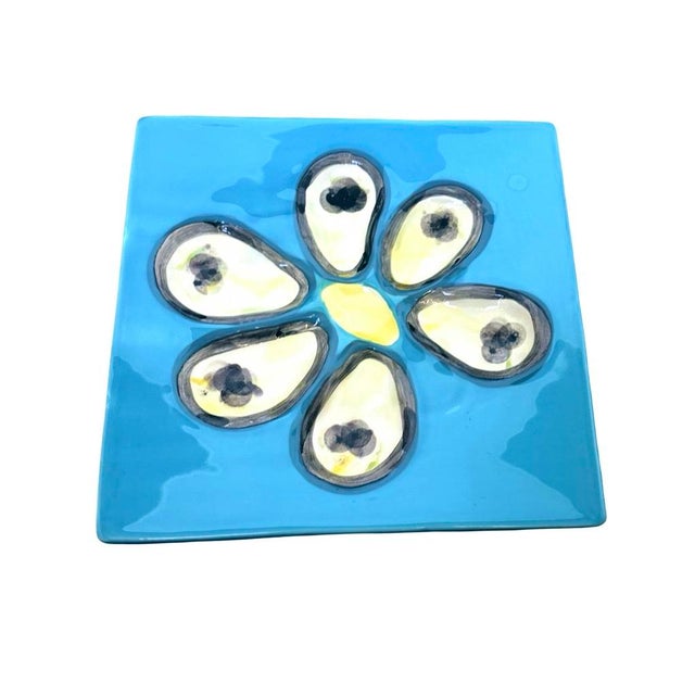 Coastal Abigails Oyster Plate Aqua Blue Ceramic With Hand-Painted Design For Sale - Image 3 of 5