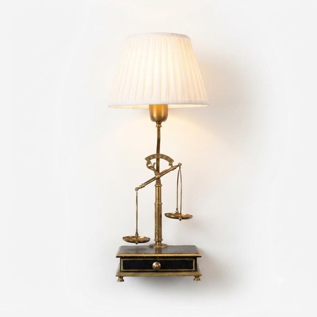 Brass Balance Scale Table Lamp with Drawer Base and Pleated Shade, 1950s For Sale - Image 14 of 14
