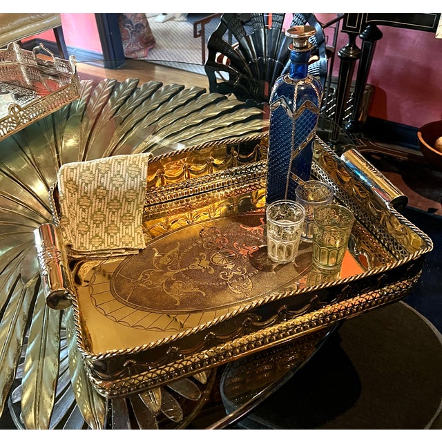 Brass Brass Tray Pierced Decorative Gallery and Large Cylindrical Handl For Sale - Image 8 of 11