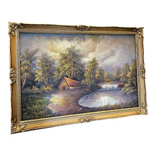 Romantic French-Style Lakeside Landscape – Country Cottage, Scenic Path & Gilded Gold Leaf Frame For Sale
