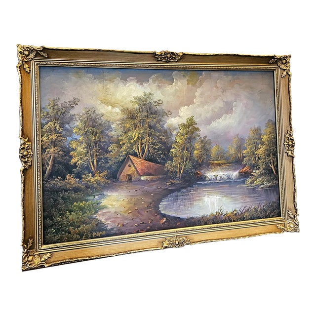 Romantic French-Style Lakeside Landscape – Country Cottage, Scenic Path & Gilded Gold Leaf Frame For Sale