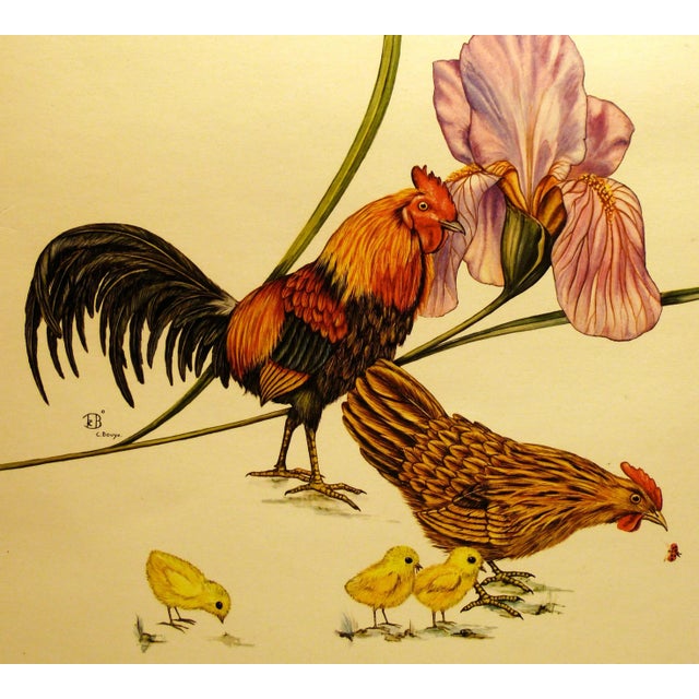 Here is a wonderful print from the Bordeaux area of France, featuring a hen, rooster, 3 chicks, and an iris. Painted by...