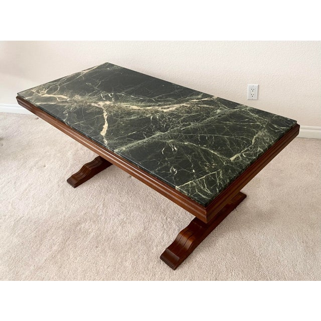 Dark Green Mid 20th Century Unique Marble and Wood French Inspired Trestle Console/Libaray/Coffee/Cocktail/Display Table Great Vintage Condition For Sale - Image 8 of 11