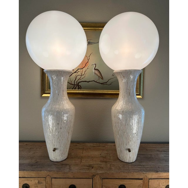 Mother of Pearl Tessellated Tile Inlay Tall Vase Globe Table Lamps, a Pair For Sale - Image 4 of 12