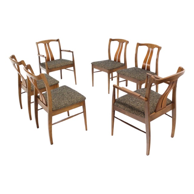 Six Mid-Century Modern Medium Light Walnut Dining Chairs New Upholstery MINT For Sale