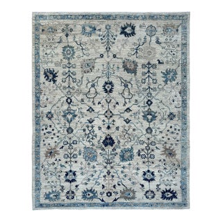 Oushak Handmade Wool Rug With Blue and Ivory Floral Design For Sale
