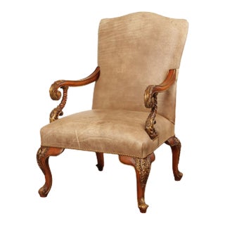 Late 20th Century Italian Rococo Style Leather and Partial Gilt Armchair For Sale