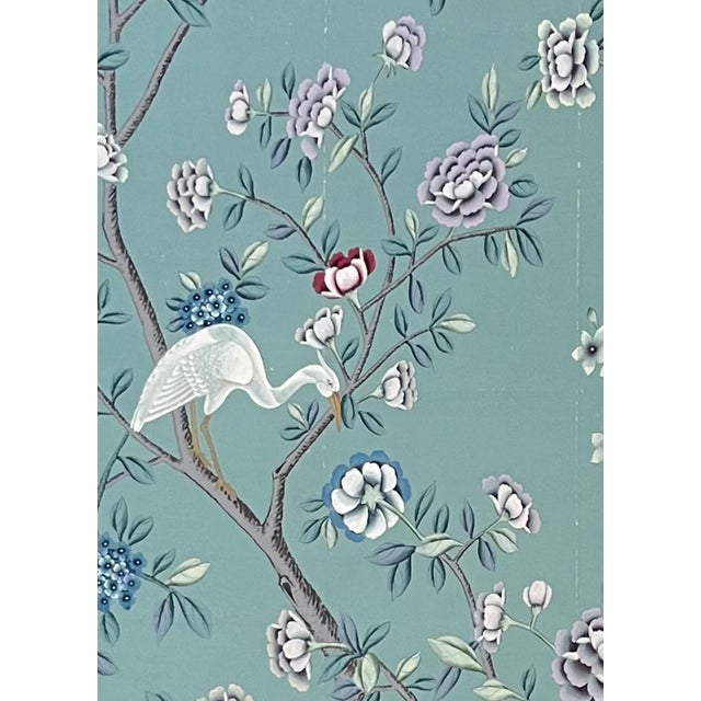 Artisan hand-painted single chinoiserie mural panel with elegant muted teal background, intricately detailed with twisting...