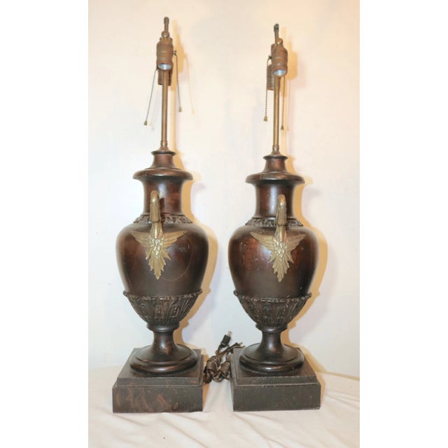 Victorian 1940s Pair of 2 Large Antique Hand Carved Wood Brass Swan Sculpture Urn Style Lamps For Sale - Image 3 of 12