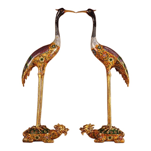 Pair of Gilt Bronze Cloisonné Enamel Crane and Turtle Figures For Sale