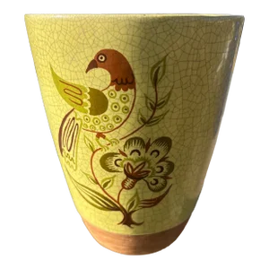 1940s Barbara Willis Yellow Vase With Bird and Flower Design on a Crackle Ground