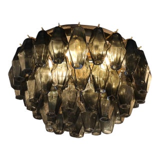 Modernist Handblown Murano Smoked Glass Polyhedral Flush Mount W/ Brass Fittings For Sale
