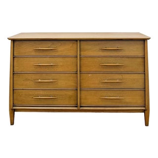 Vintage Davis Cabinet Co MCM Atomic 8 Drawer Dresser With Wood Pulls Clean Lines For Sale