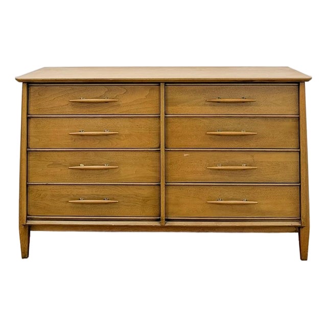 Vintage Davis Cabinet Co MCM Atomic 8 Drawer Dresser With Wood Pulls Clean Lines For Sale