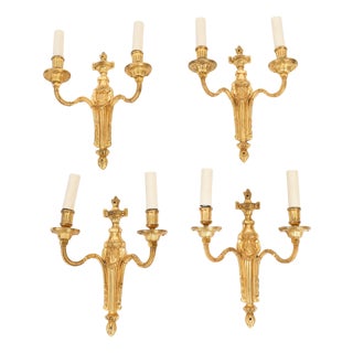 Antique French Louis Revival Three-Branch Ormolu Wall Lights, 1880, Set of 4 For Sale