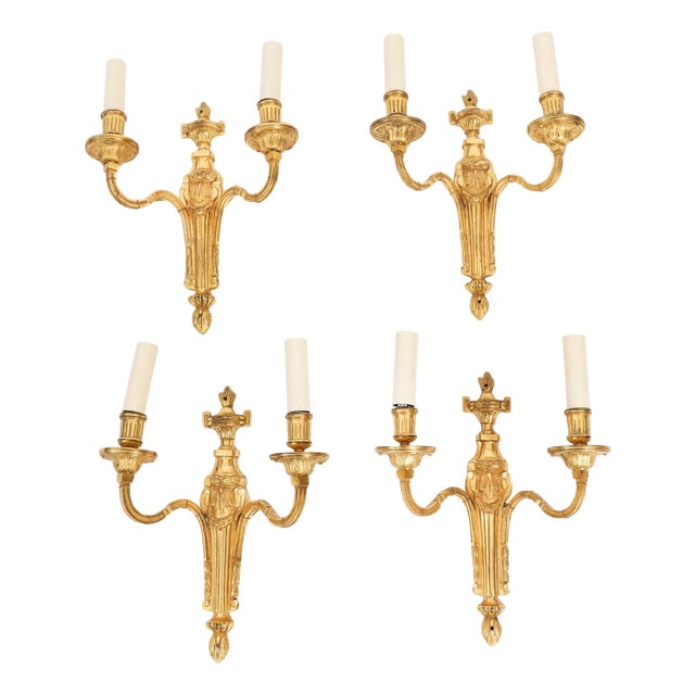 Antique French Louis Revival Three-Branch Ormolu Wall Lights, 1880, Set of 4 For Sale