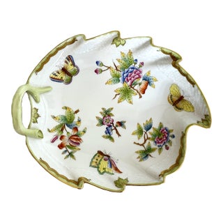 1980s Herend Queen Victoria Leaf Dish Hand Painted Porcelain Butterfly & Floral, Hungary Vbo 201 For Sale